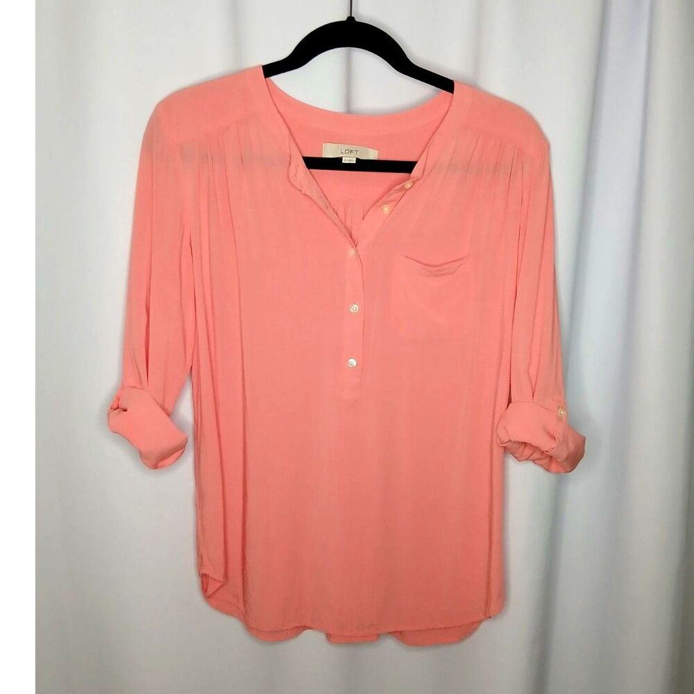 Loft Roll Tab Slv Blouse Rayon Top Relaxed Pullover Half Button Shirt Womens Med